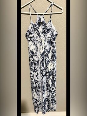 Willi Smith Blue and White Stretch Maxi Sun Dress Racer Back Size small Y2K